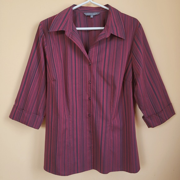 Addition Elle Burgundy Vertical Striped Button Down Blouse Size 14 - Picture 2 of 11